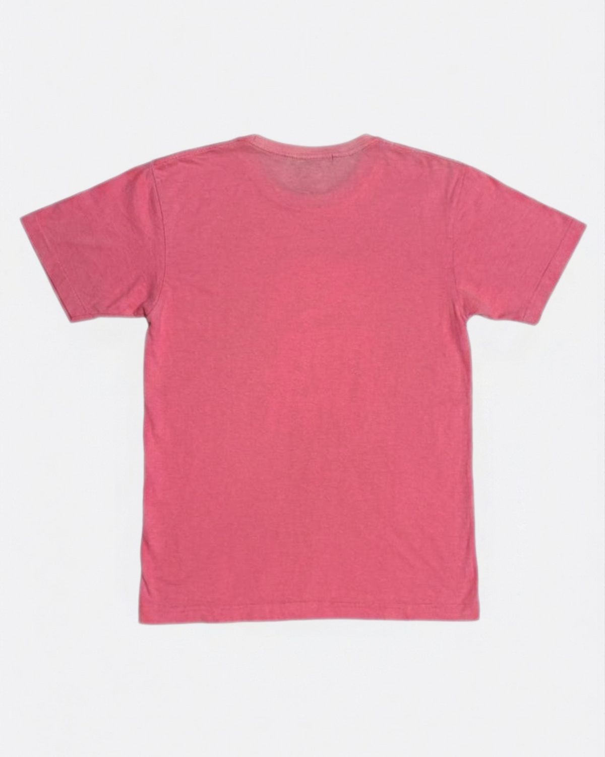 Plain pink crewneck t-shirt laid flat, back view