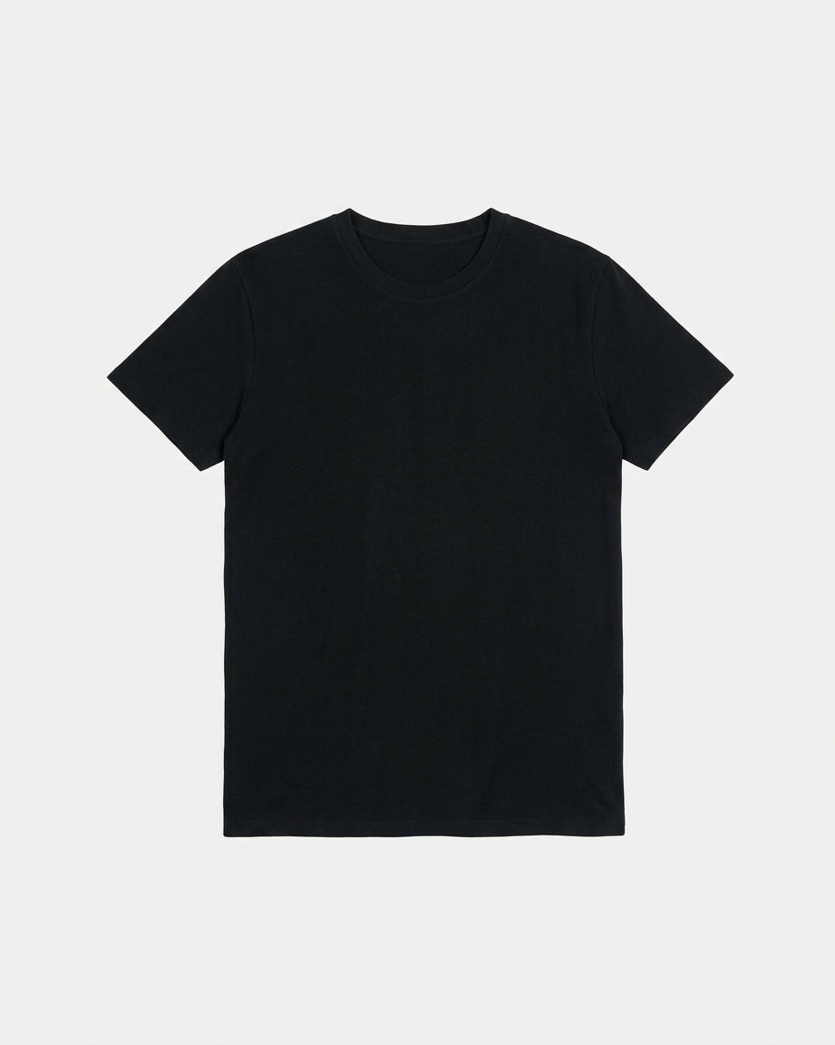 Plain black crewneck cotton t-shirt laid flat, back view