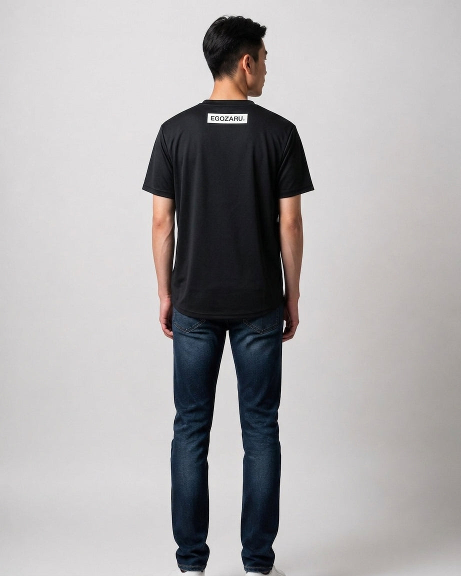 Man wearing a black Egozaru basketball performance t-shirt with back collar logo print