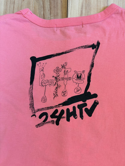 Back view of a pink Hattie Stewart x 24 Hour Television 41st charity t-shirt featuring a black frame print enclosing illustrated letters spelling LIFE and 24HTV lettering