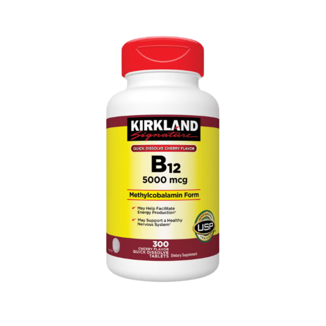 Kirkland Signature B12 5000 mcg methylcobalamin quick dissolve cherry flavor supplement bottle front view featuring 300 tablets.