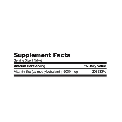 Kirkland Signature B12 5000 mcg supplement facts label detailing vitamin B12 as methylcobalamin and daily value percentage.