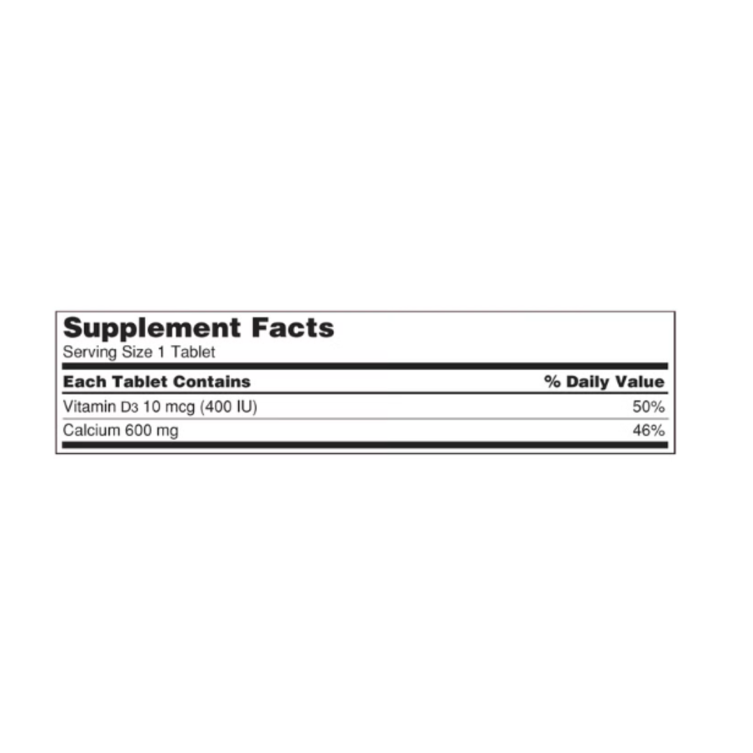 Kirkland Signature Calcium 600 mg with Vitamin D3 supplement facts label detailing calcium and vitamin D3 amounts per tablet.