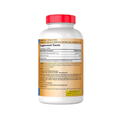 Kirkland Signature Chewable Vitamin C 500 mg supplement bottle back view displaying supplement facts, ingredients, and usage instructions.