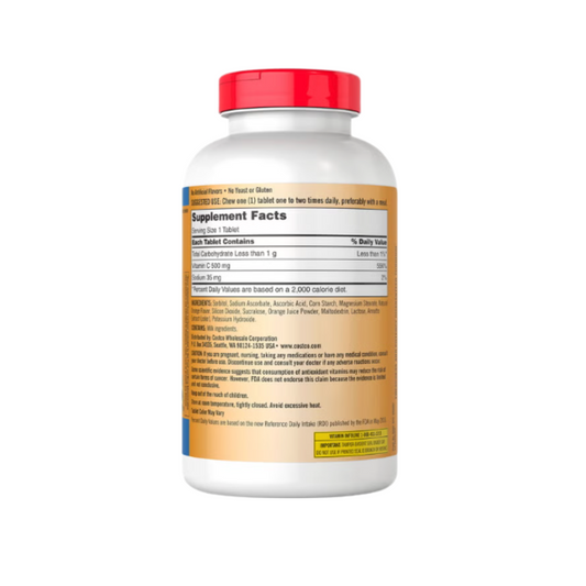 Kirkland Signature Chewable Vitamin C 500 mg supplement bottle back view displaying supplement facts, ingredients, and usage instructions.