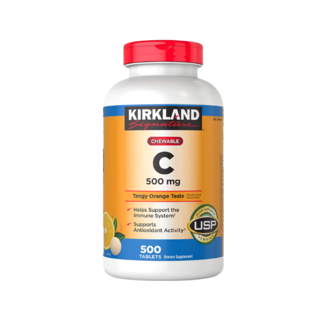 Kirkland Signature Chewable Vitamin C 500 mg tangy orange taste supplement bottle front view featuring 500 tablets.