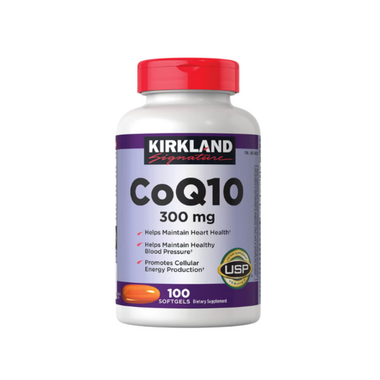 Kirkland Signature CoQ10 300 mg dietary supplement bottle back view showing supplement facts and ingredients label.