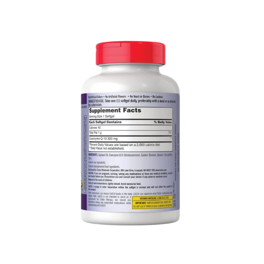 Kirkland Signature CoQ10 300 mg dietary supplement bottle front view featuring 100 softgels and heart health benefits.