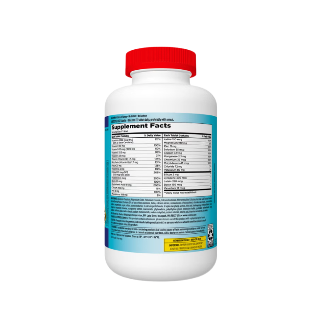 Kirkland Signature Daily Multi supplement bottle back view displaying supplement facts, ingredients, and usage instructions.