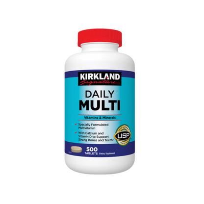 Kirkland Signature Daily Multi vitamins and minerals supplement bottle front view featuring 500 tablets and USP verification.