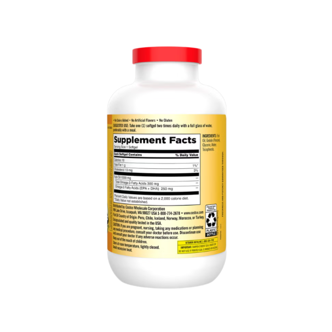 Kirkland Signature Fish Oil 1000 mg supplement bottle back view showing supplement facts, ingredients, and usage instructions.