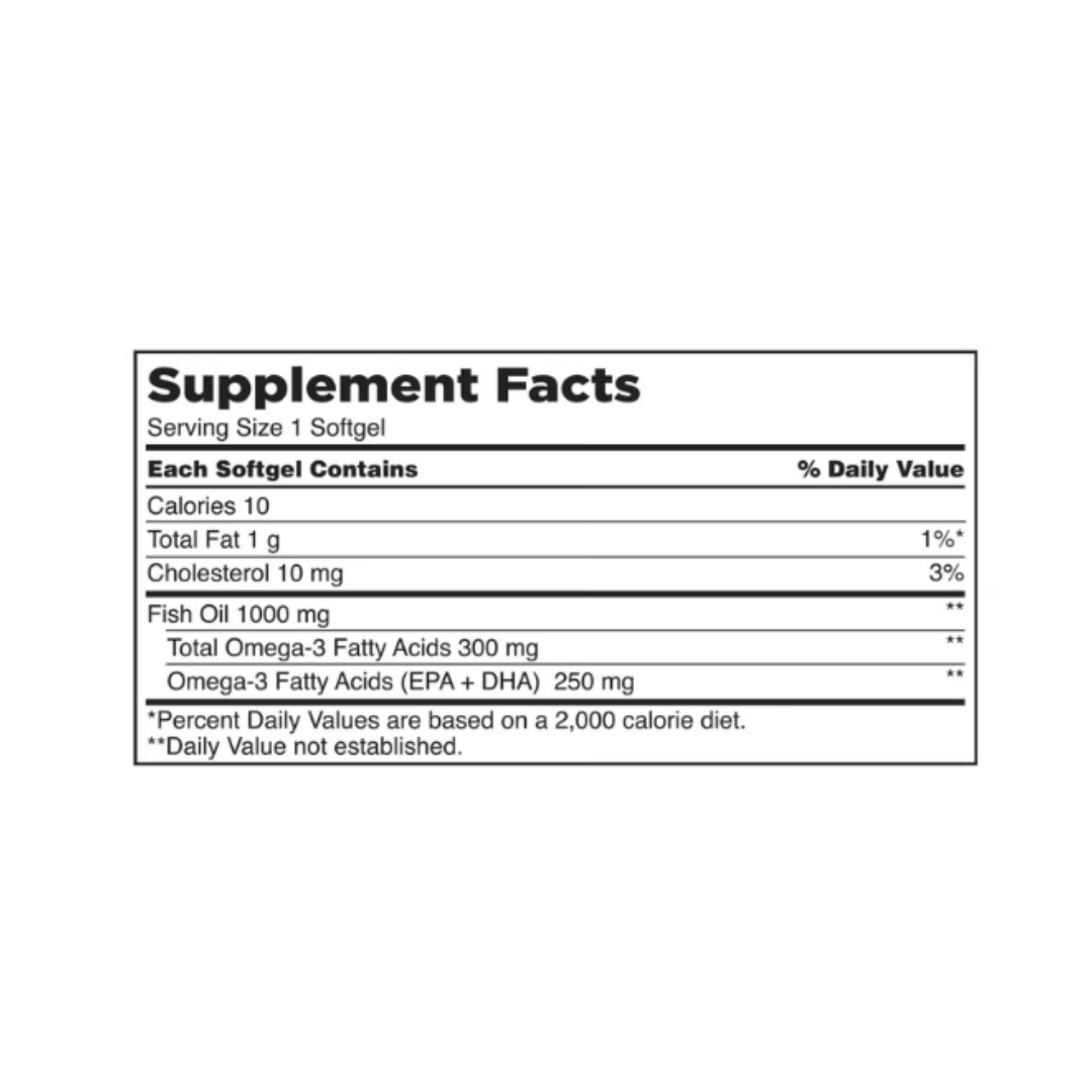 Kirkland Signature Fish Oil 1000 mg supplement facts label detailing omega-3 fatty acids, EPA, and DHA content per serving.