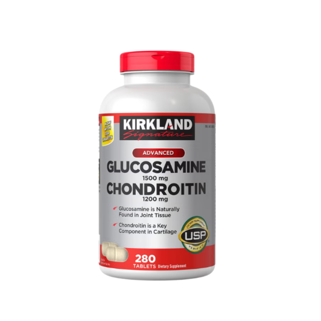 Kirkland Signature Advanced Glucosamine Chondroitin 1500mg and 1200mg joint health supplement bottle front view with 280 tablets.