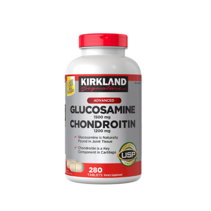 Kirkland Signature Advanced Glucosamine Chondroitin 1500mg and 1200mg joint health supplement bottle front view with 280 tablets.