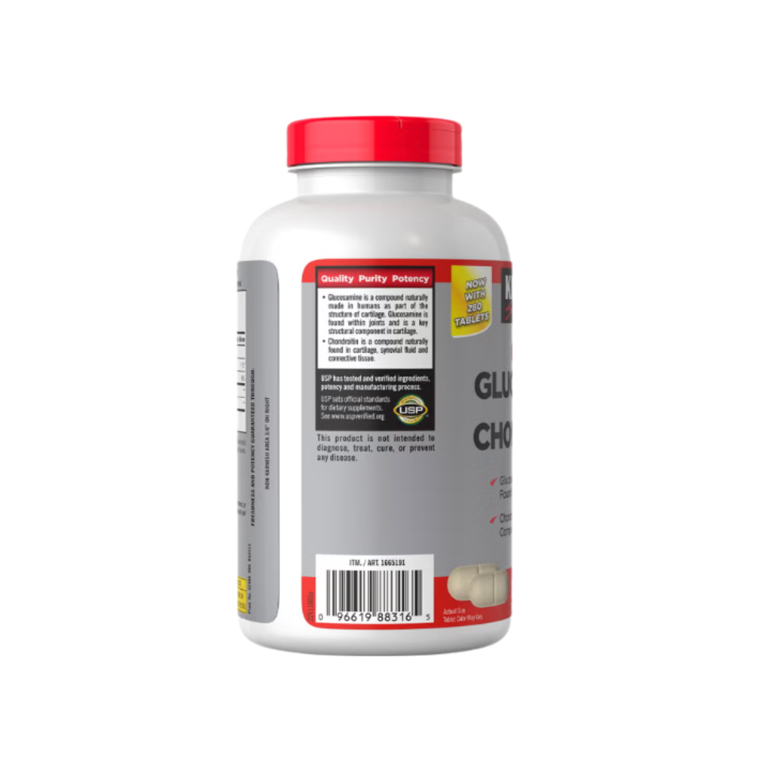 Kirkland Signature Advanced Glucosamine Chondroitin supplement bottle side view showing USP verified quality seal and barcode.