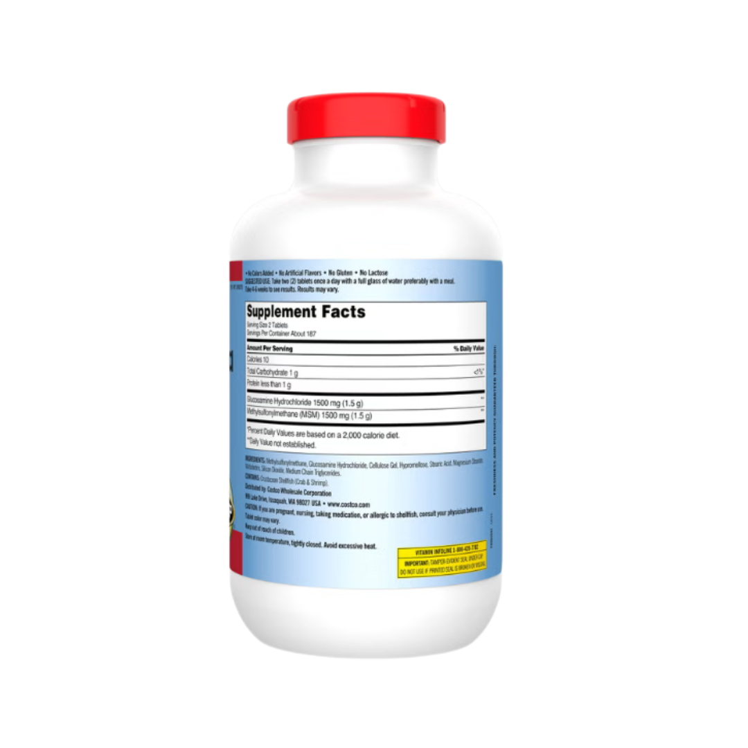 Kirkland Signature Extra Strength Glucosamine HCl with MSM 1500mg supplement bottle back view showing ingredients, warnings, and supplement facts.