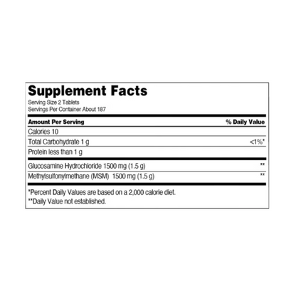 Kirkland Signature Extra Strength Glucosamine HCl with MSM supplement facts label detailing active ingredients per serving.
