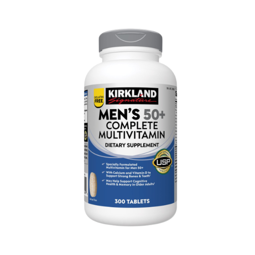 Kirkland Signature Men's 50+ Complete Multivitamin supplement bottle front view featuring 300 tablets and USP verification.