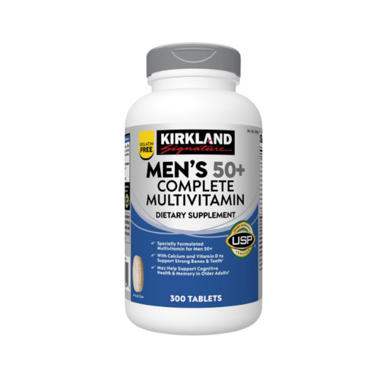 Kirkland Signature Men's 50+ Complete Multivitamin supplement bottle front view featuring 300 tablets and USP verification.