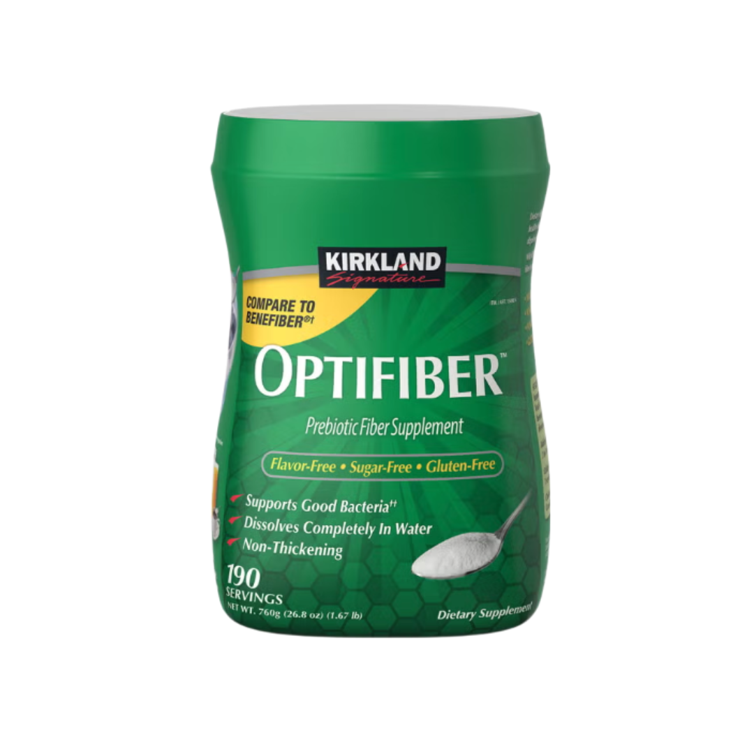 Kirkland Signature Optifiber Prebiotic Fiber Supplement container front view featuring 190 servings and flavor-free formula.