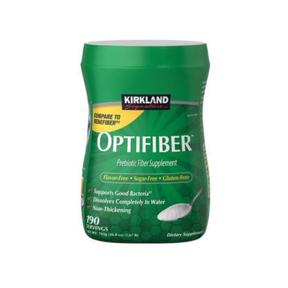 Kirkland Signature Optifiber Prebiotic Fiber Supplement container front view featuring 190 servings and flavor-free formula.