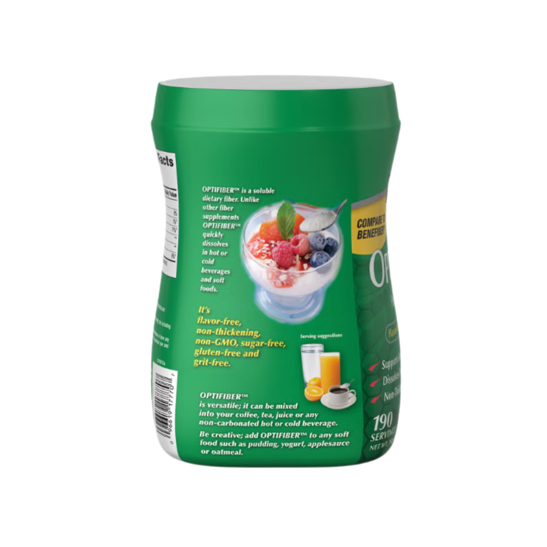 Kirkland Signature Optifiber Prebiotic Fiber Supplement container side view showing serving suggestions, benefits, and mixing ideas.