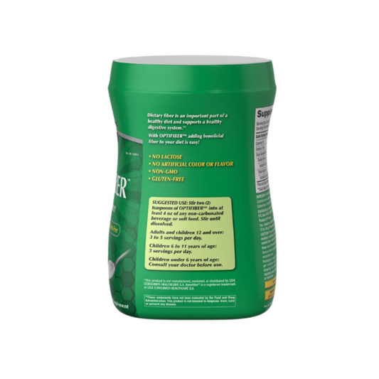 Kirkland Signature Optifiber Prebiotic Fiber Supplement container side view showing serving suggestions, benefits, and mixing ideas.