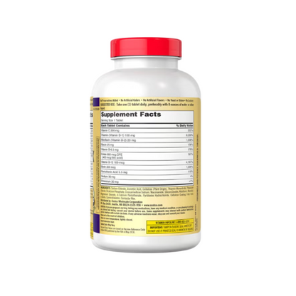 Kirkland Signature One Per Day Super B-Complex supplement bottle back view displaying supplement facts, ingredients, and usage instructions.