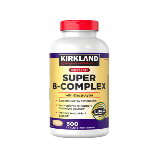 Kirkland Signature One Per Day Super B-Complex with Electrolytes supplement bottle front view featuring 500 tablets and USP verification.