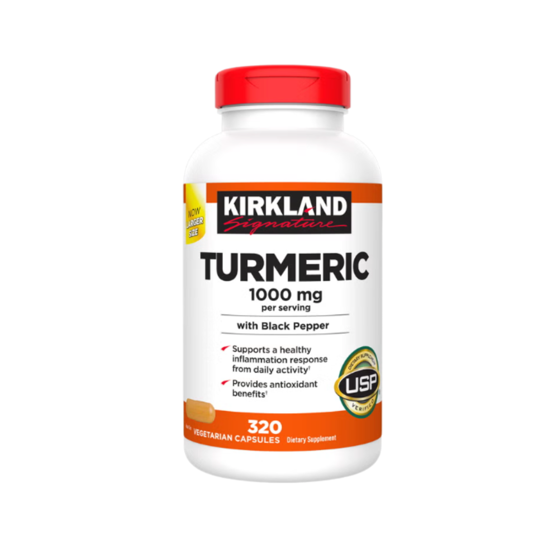 Kirkland Signature Turmeric 1000 mg with Black Pepper supplement bottle front view featuring 320 vegetarian capsules and USP verification.
