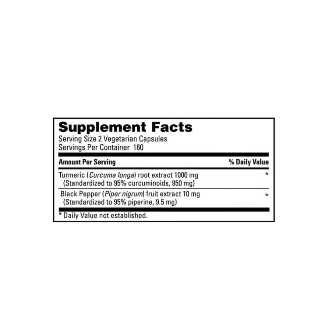 Kirkland Signature Turmeric 1000 mg supplement facts label detailing turmeric root extract and black pepper fruit extract per serving.