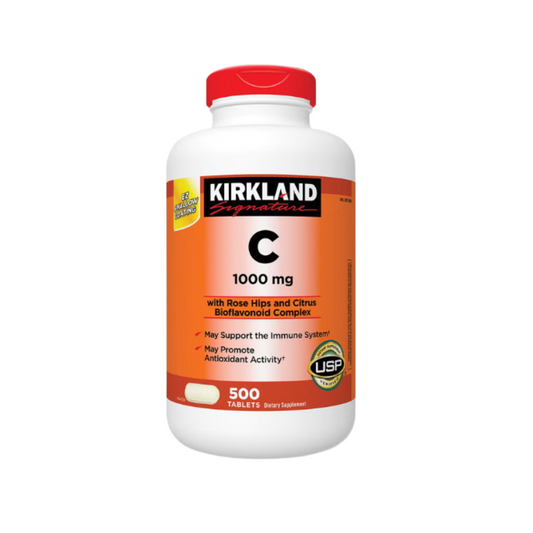 Kirkland Signature Vitamin C 1000 mg with Rose Hips and Citrus Bioflavonoid Complex supplement bottle front view featuring 500 tablets.