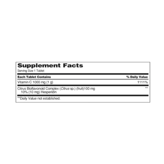 Kirkland Signature Vitamin C 1000 mg supplement facts label detailing vitamin C and citrus bioflavonoid complex per tablet.