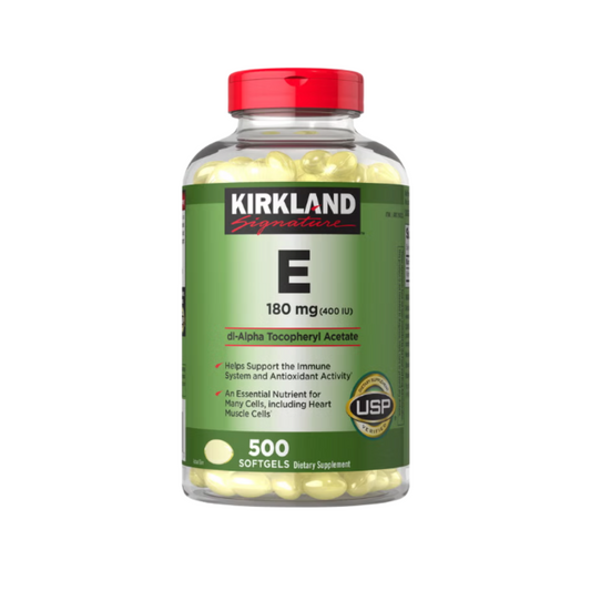 Kirkland Signature Vitamin E 180 mg 400 IU dietary supplement bottle front view featuring 500 softgels and USP verification.