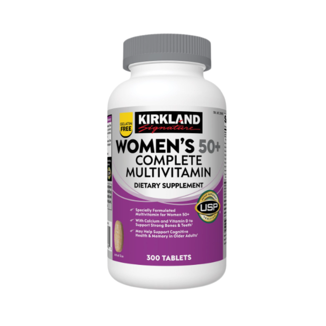 Kirkland Signature Women's 50+ Complete Multivitamin supplement bottle front view featuring 300 tablets and USP verification.