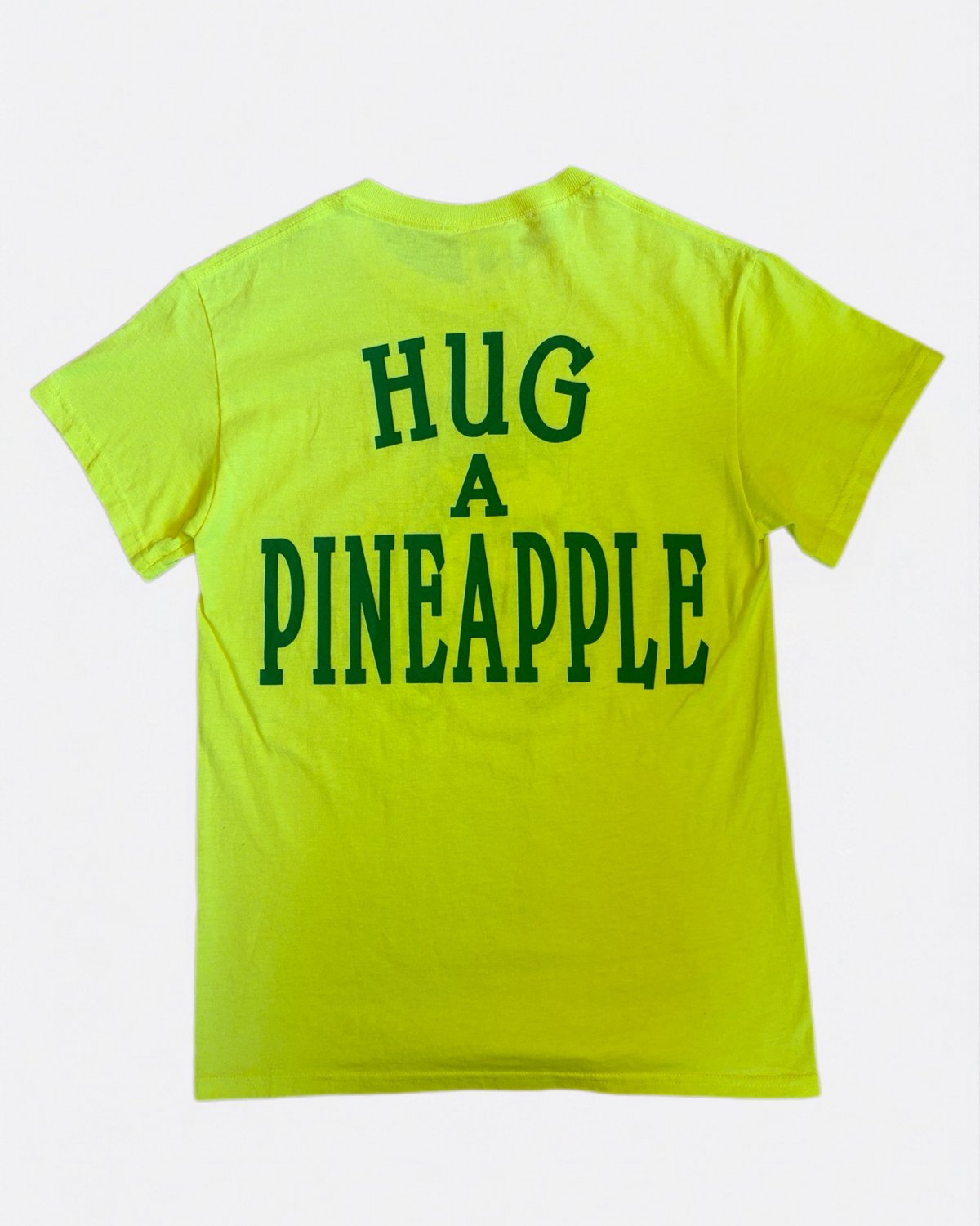 Dole Plantation Hawaii Nuclear Neon Yellow Tee Back View with Hug A Pineapple Slogan