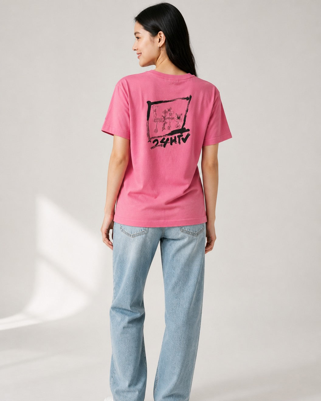 Leox Hub vintage 2018 Japan 24 Hours TV pink t-shirt with Hattie Stewart graphic print on the back