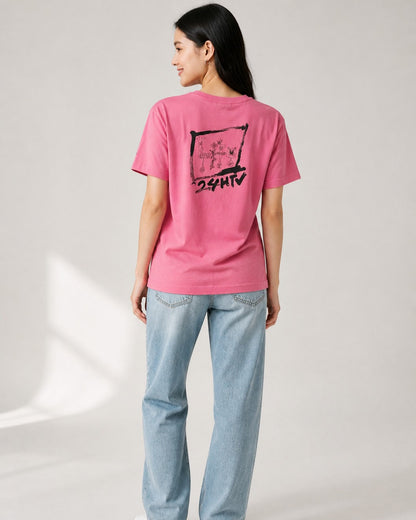 Leox Hub vintage 2018 Japan 24 Hours TV pink t-shirt with Hattie Stewart graphic print on the back