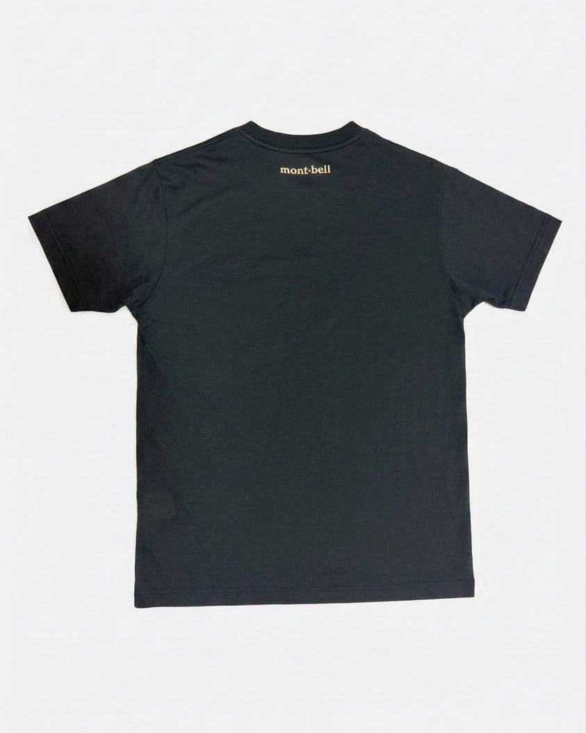 Black Montbell short-sleeve t-shirt with small cream logo print on the back neck laid flat, back view