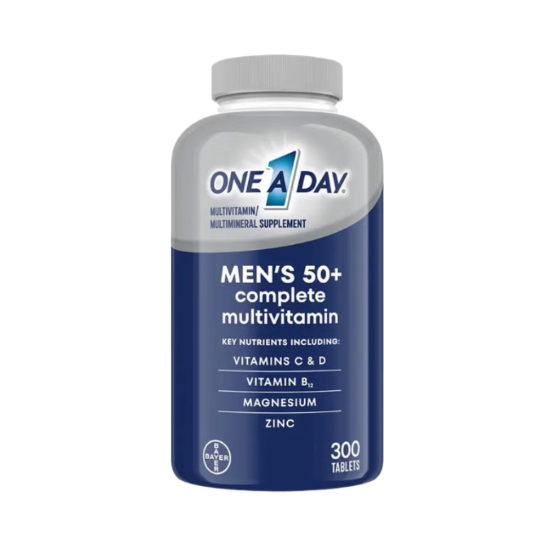 One A Day Men's 50+ Complete Multivitamin supplement bottle front view featuring 300 tablets and key nutrients for older men.