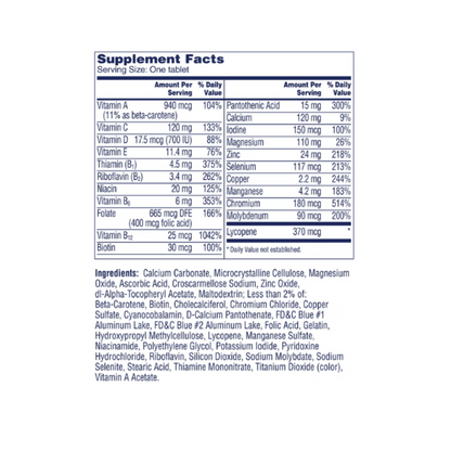 One A Day Men's 50+ Complete Multivitamin supplement facts label and ingredient list detailing vitamins, minerals, and daily values.