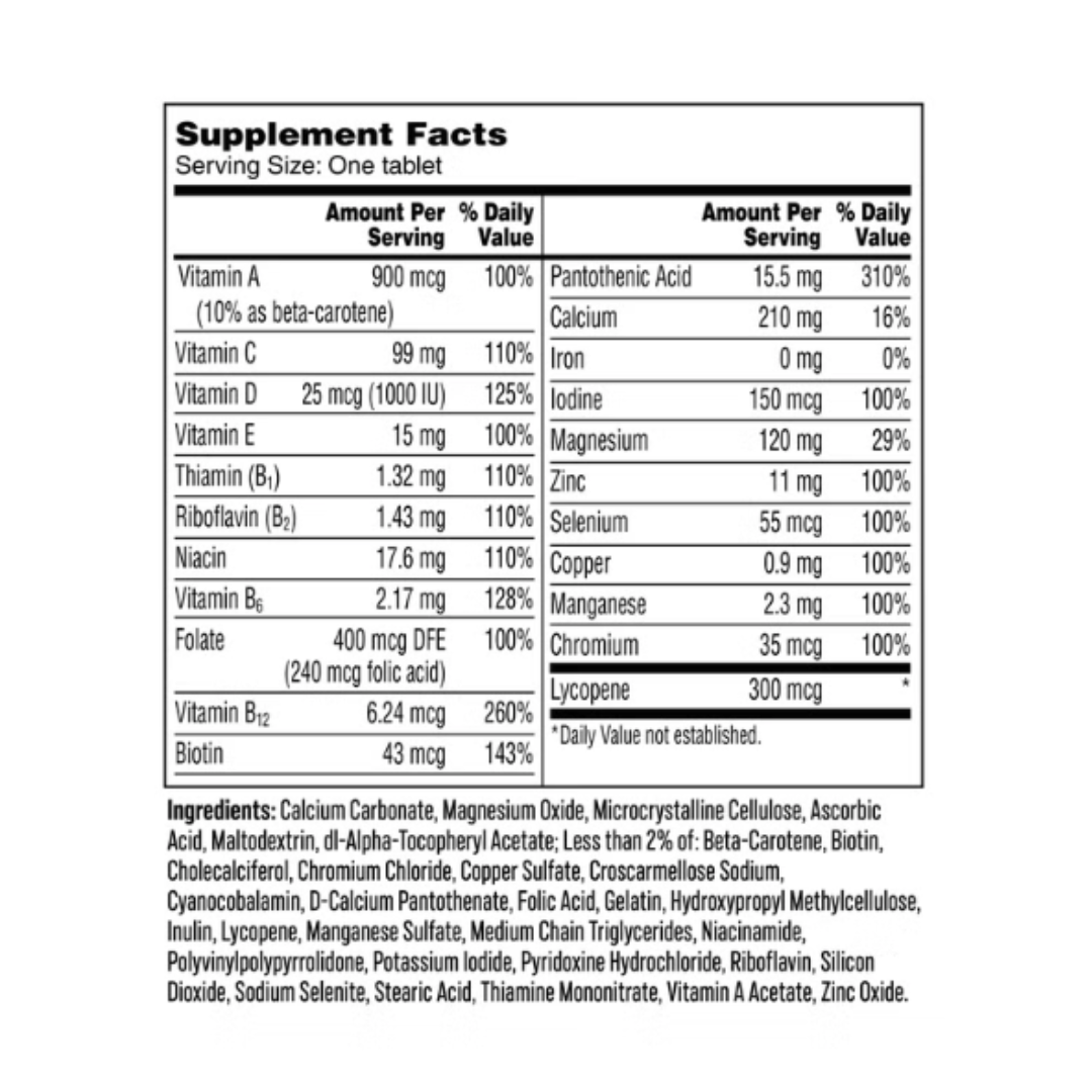 One A Day Men's Complete Multivitamin supplement facts label and ingredient list detailing vitamins, minerals, and daily values.