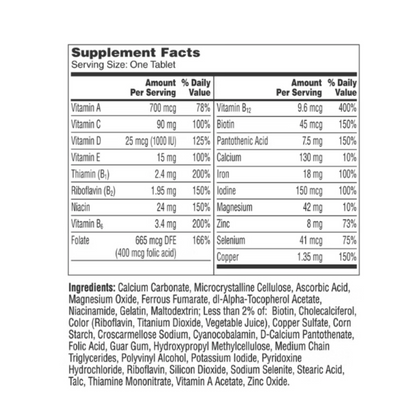 One A Day Women's Complete Multivitamin supplement facts label and ingredient list detailing vitamins, minerals, and daily values.